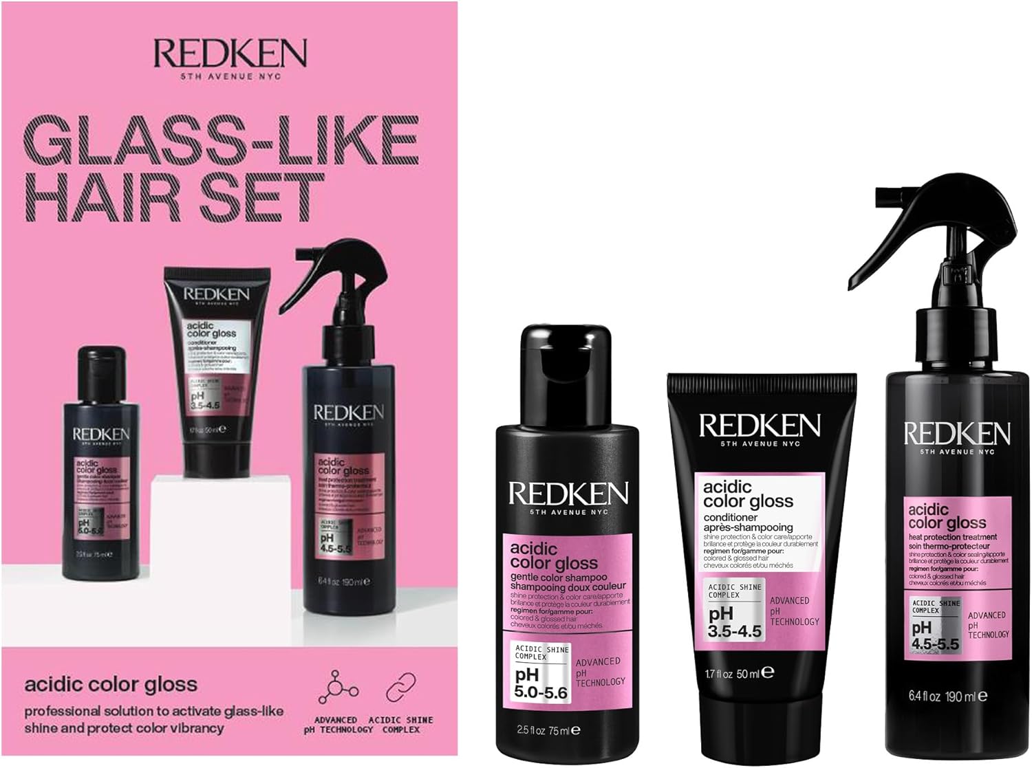 Redken Acidic Color Gloss Discovery Set, With Shampoo, Conditioner & Heat Protection Leave-In Treatment, For Colour Vibrancy And Glass-Like Shine, For Colour Treated Hair, 75Ml, 50Ml & 190Ml