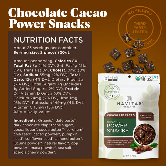 Navitas Organics Superfood Power Snacks, Chocolate Cacao, 16 Oz. Bag, 23 Servings — Organic, Non-Gmo, Gluten-Free