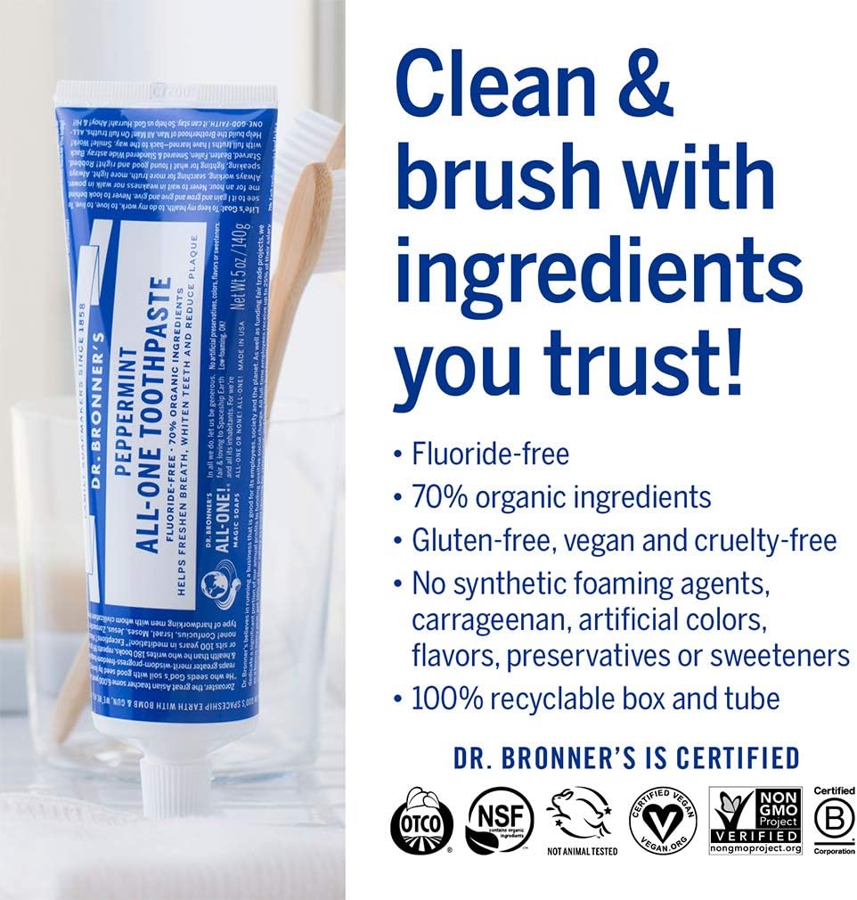 Dr. Bronner'S All-One Toothpaste 4-Pack Variety– (Peppermint, Spearmint, Cinnamon, Anise, 5Oz Each)– 70% Organic Ingridients, Sls Free Toothpaste, Fluoride Free, Natural, Vegan, For Sensitive Teeth : Health & Household