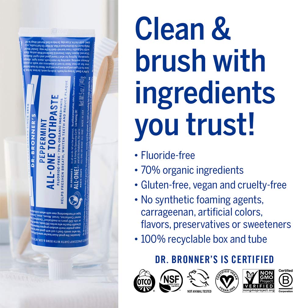 Dr. Bronner’s - All-One Toothpaste (Peppermint, 5 ounce) - 70% Organic Ingredients, Natural and Effective, Fluoride-Free, SLS-Free, Helps Freshen Breath, Reduce Plaque, Whiten Teeth, Vegan : Health & Household