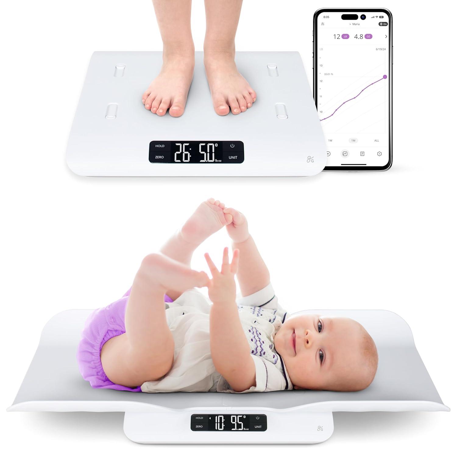 Greater Goods Smart Bluetooth Baby Scale with in-House Algorithm for Wiggly Babies, Infants, and Toddlers