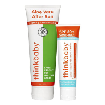Thinkbaby Sunscreen & After Sun Bundle – 1x SPF 50+ Water Resistant Baby Sunscreen with Broad Spectrum UVA/UVB Protection (6oz) and 1x Aloe Vera After Sun Relief Gel (8oz)