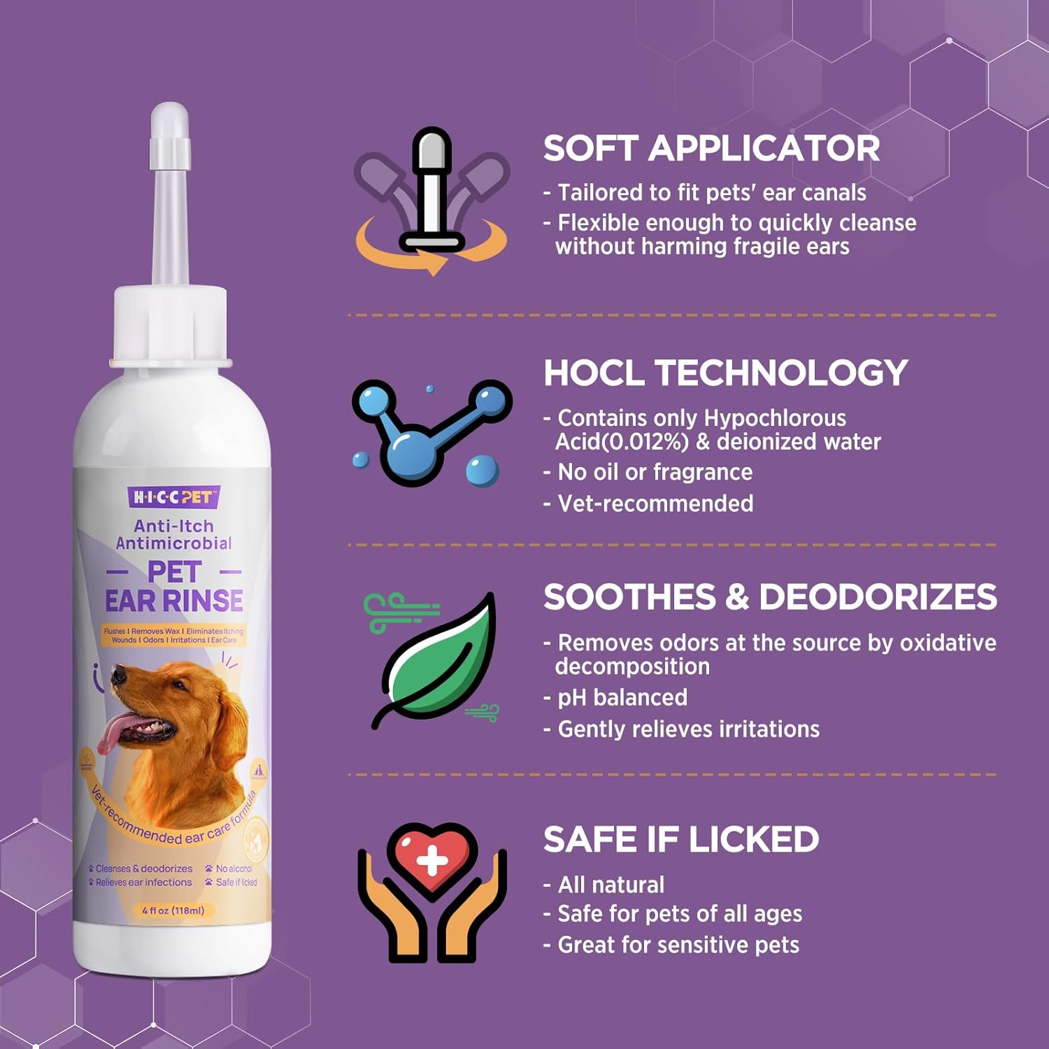 Hicc Pet Dog Ear Cleaner - Dog Ear Inflammation Therapy With 0.012% Hypochlorous Acid For Itch Relief, Soothe Ear Inflammation, Removes Wax, Odor, With 30 Cotton Swabs, 4 Fl Oz