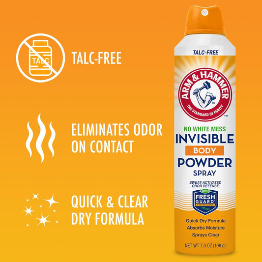 Arm & Hammer Invisible Body Powder Spray, Clear Talc-Free Body Odor & Sweat Control For Men & Women, Spray Body Powder For Women And Men, Arm And Hammer Body Spray Powder, 7 Oz (1 Pack)