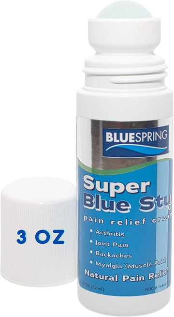 Super Blue Stuff Natural Pain Relief Roll On With Emu Oil By Bluespring- Pain Relief Rub Anti Inflammatory Analgesic Cream For Back, Knee, Joint, Muscle, Arthritis, And Neck Pain Relief- 3 Oz Roll-On