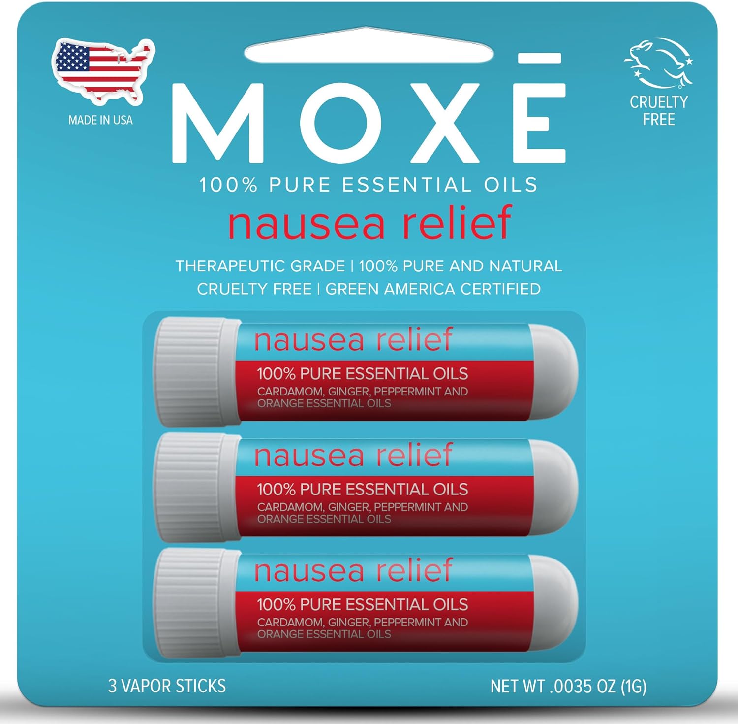 Moxe Nausea Nasal Inhaler Sticks, All Natural Essential Oil Blend, Ginger, Cardamom, Peppermint, Sweet Orange, Upset Stomach, Headaches, Easy-To-Use Portable Aromatherapy, Made In Usa, 3 Pack