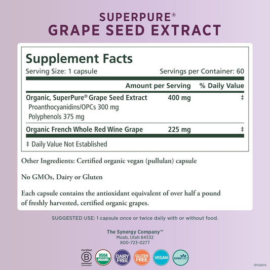 Pure Synergy Superpure Grape Seed Extract | Organic Grape Seed Extract Capsules | Grape Seed Polyphenols Supplement With Whole Grape | For Heart Health, Skin, And Healthy Aging Support (60 Capsules)