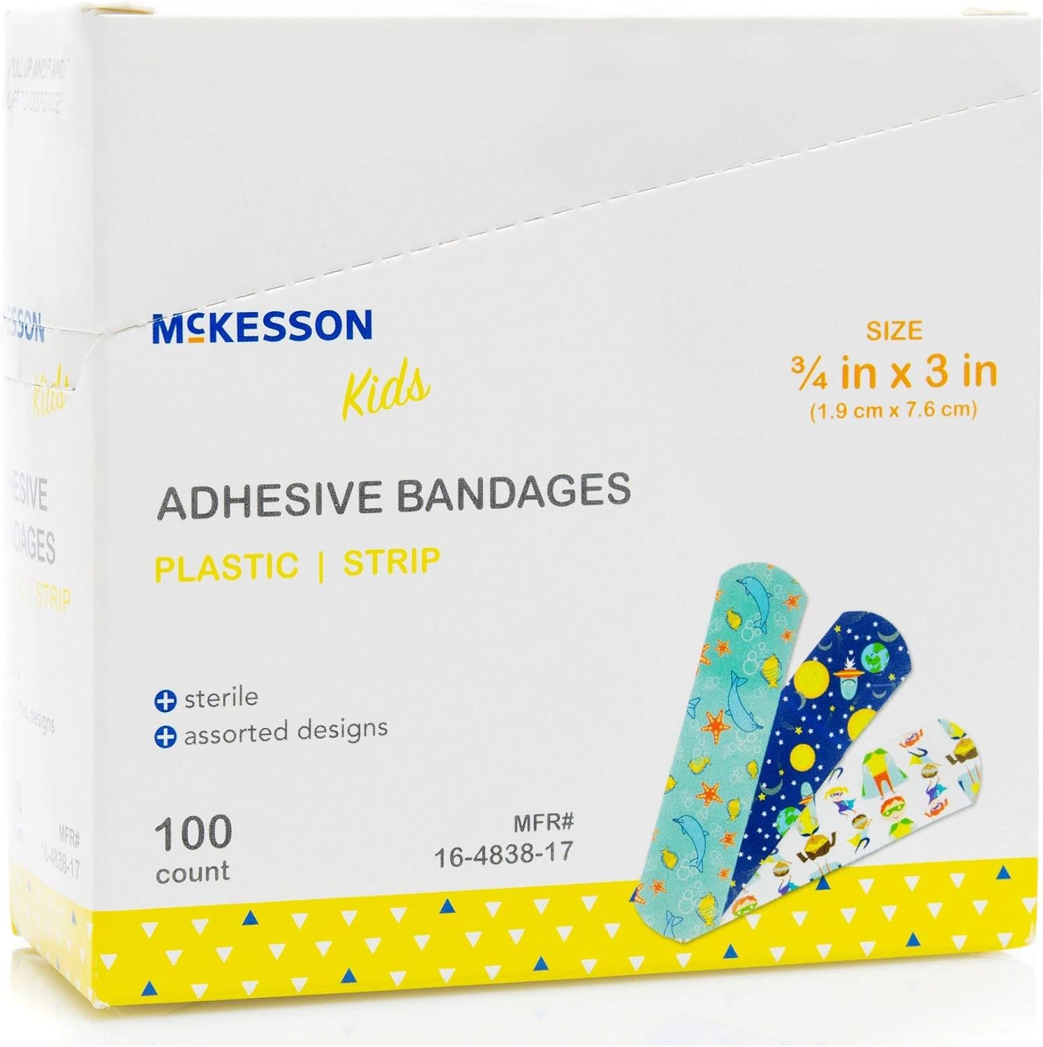 McKesson Kids Adhesive Bandages, Sterile, Plastic Strip, Assorted Prints, 3/4 in x 3 in, 100 Count, 1 Pack