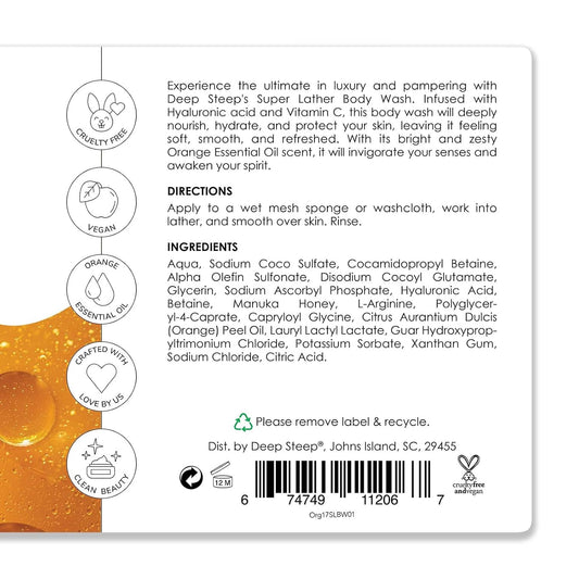 Deep Steep Super Lather Body Wash, Orange, 17 Oz – Hydrating Shower Gel With Hyaluronic Acid, Manuka Honey, & Orange Essential Oil – Vegan, Clean Beauty, Clean & Refreshed Skin