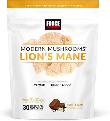 FORCE FACTOR Modern Mushrooms Soft Chews, Lion?s Mane Supplement to Support Memory, Mental Focus, and Mood, Lions Mane Powder Antioxidants Supplement, Delicious Vanilla Bean Flavor, 30 Soft Chews