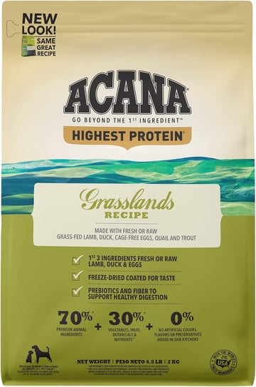 Acana Highest Protein Dry Dog Food, Grasslands, Lamb And Duck Recipe, 4.5Lb