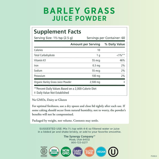 PURE SYNERGY Organic Barley Grass Juice Powder | Chlorophyll-Rich Greens Powder | Organic Cold-Pressed Barley Grass Juice | for Energy, Detox, and Digestion Support (5.3 oz. Powder)