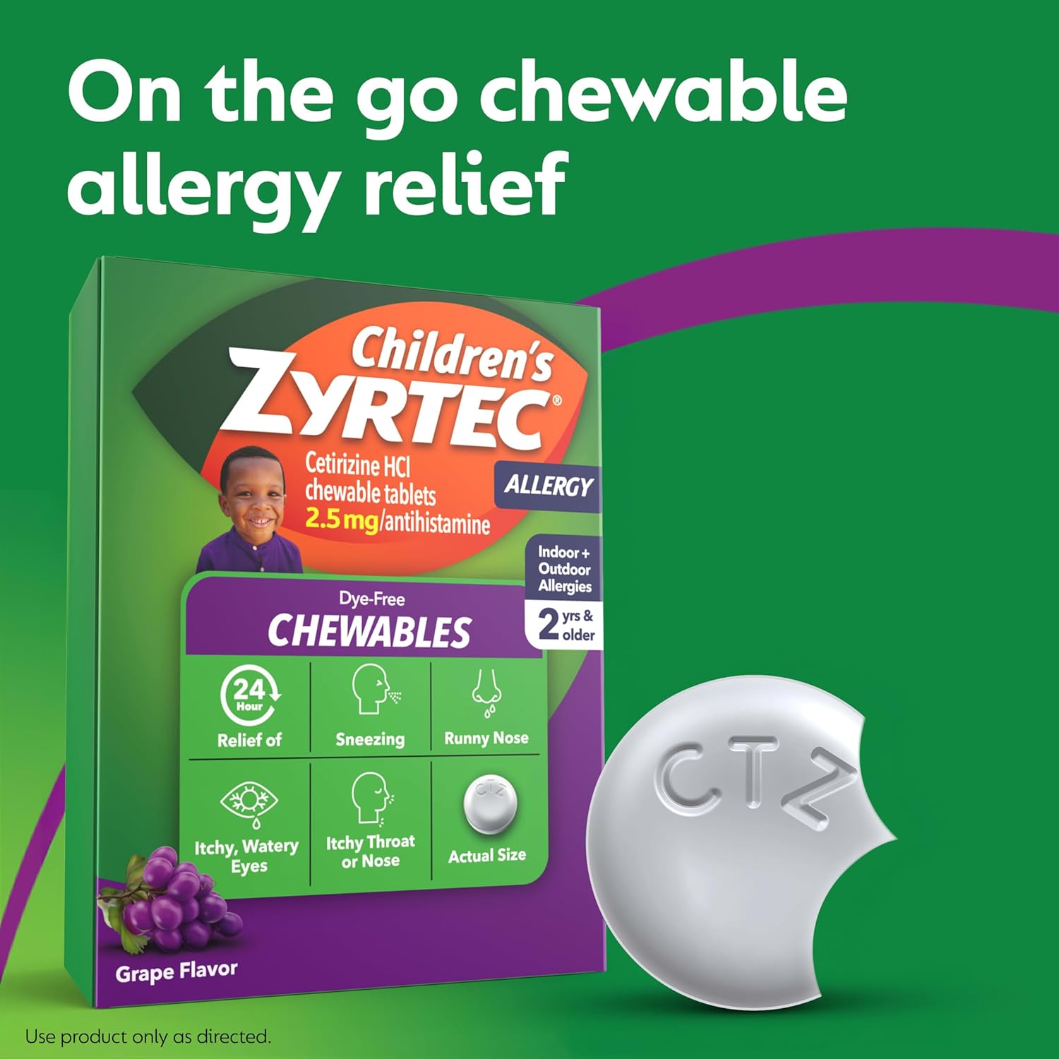 Zyrtec Children'S Dye-Free Chewables For 24 Hour Allergy Relief, 2.5 Mg Cetirizine Hydrochloride Antihistamine Tablets, Kids Allergy Medicine Relieves Sneezing & Itchy Throat, Grape, 24 Ct : Health & Household