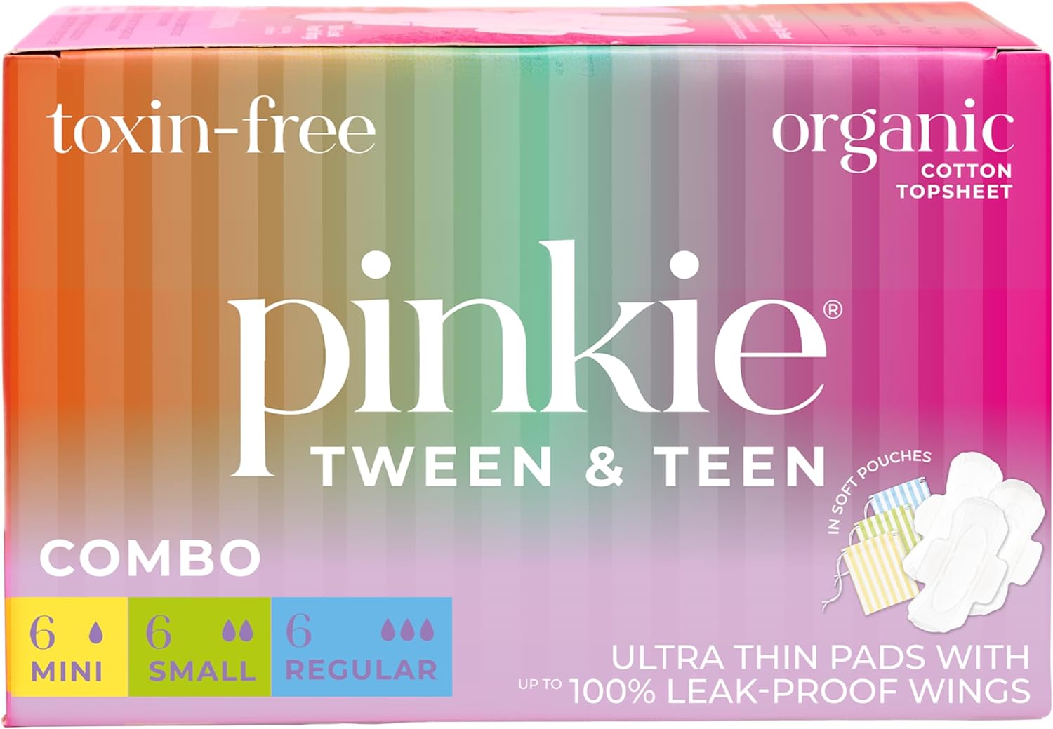 Pinkie Period Pads for Tweens & Teens - Designed for Smaller Underwear - Organic Cotton Topsheet Teen Pads with Wings - Chlorine Free & Fragrance Free - Teen Combo Pack, 18 Count