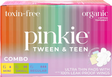 Pinkie Period Pads for Tweens & Teens - Designed for Smaller Underwear - Organic Cotton Topsheet Teen Pads with Wings - Chlorine Free & Fragrance Free - Teen Combo Pack, 18 Count