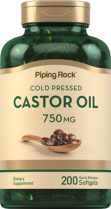 Piping Rock Castor Oil Softgel Capsules 750mg | 200 Count | Cold Pressed | Non-GMO, Gluten Free Supplement