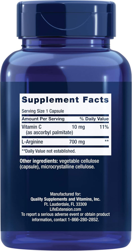 Life Extension L-Arginine Caps, 700 Mg, Vitamin C & Amino Acid For Optimal Arterial Health, Supports Heart & Immune Health, Healthy Tissue & Bones, Gluten Free, Non-Gmo, 200 Capsules