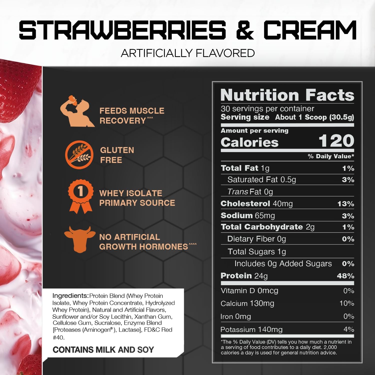 Rivalus Rivalwhey – Strawberry Creme 2lb - 100% Whey Protein, Whey Protein Isolate Primary Source, Clean Nutritional Profile, BCAAs, No Banned Substances, Made in USA