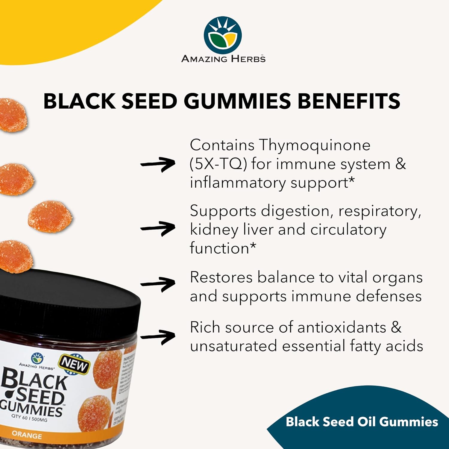 Amazing Herbs Organic Black Seed Oil Gummies - 500mg Per Serving, Cold