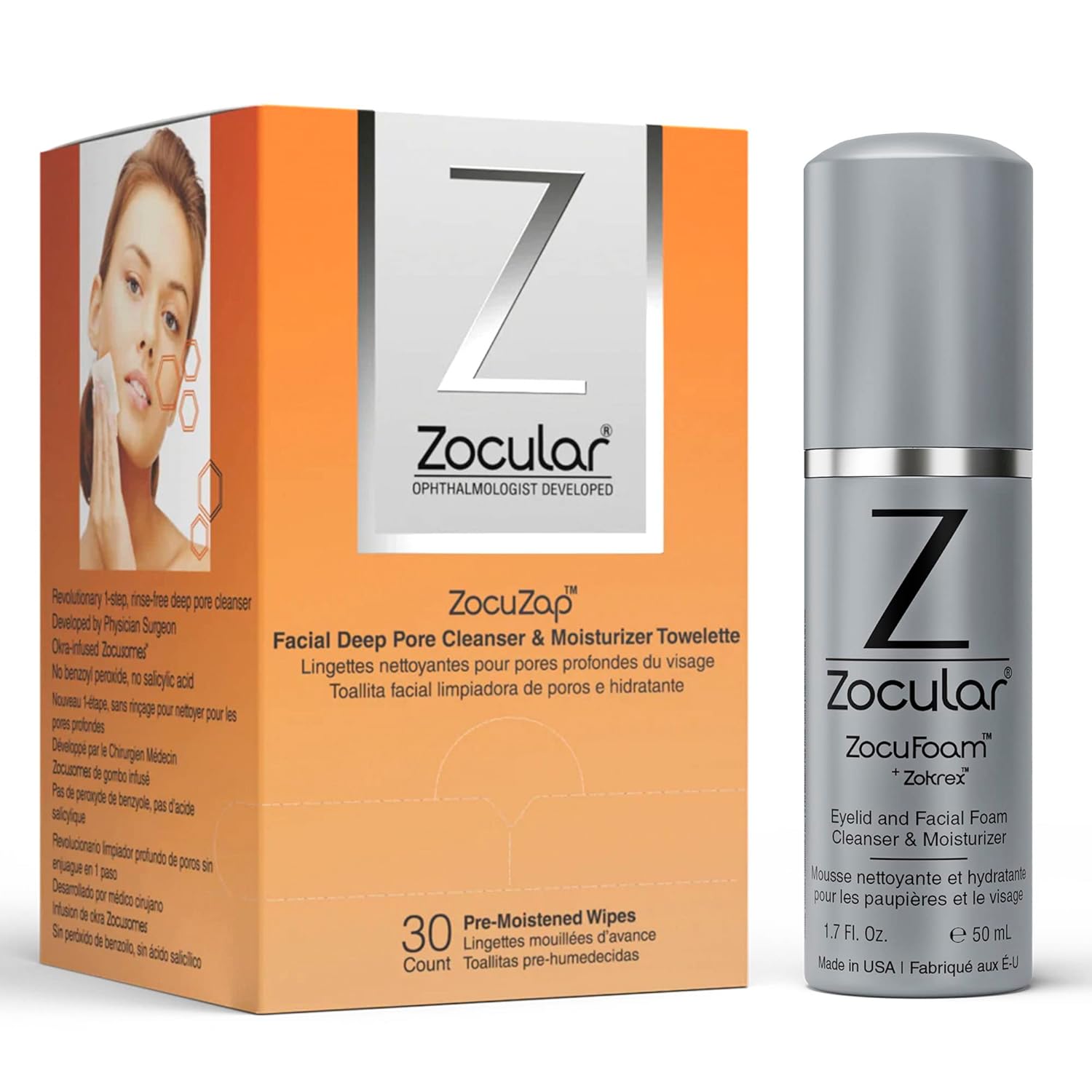 Zocuzap Facial Wipes, 30 Count + Zocular Zocufoam Eyelid Cleanser Bundle