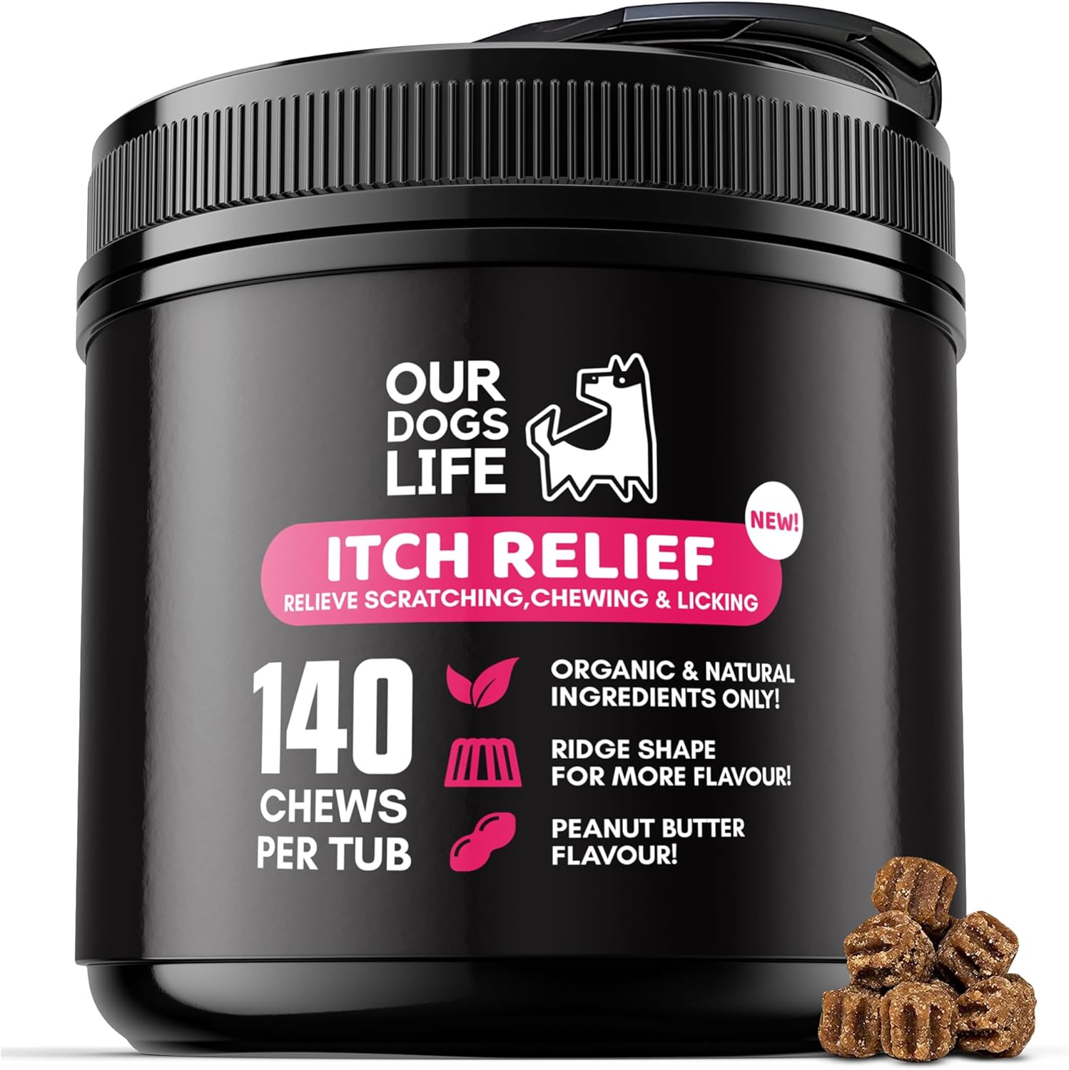 Itch Relief Supplement 140 Chews | All-Natural Organic Ridge Shape | Itchy dog skin relief, Healthy Skin & Coat Health | Veterinarian-Formulated Omega 3,6 & 9Chews | Non-GMO, No Fillers & Gluten Free
