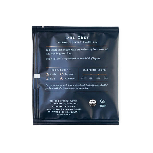 Rishi Tea Earl Grey Tea - Organic Sachet Tea Bags, Pure Black Tea With Bergamot Oil, Energizing & Caffeinated - 50 Count