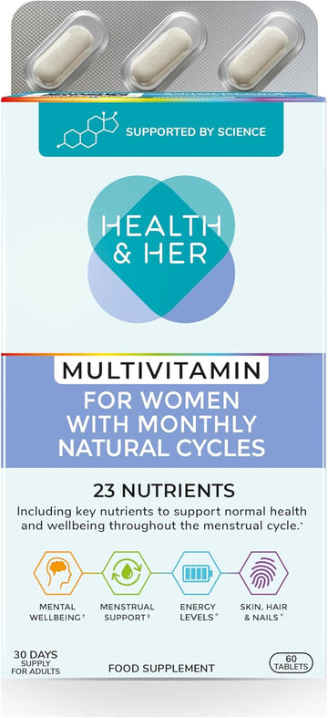 Health & Her Multivitamin For Women With Monthly Natural Cycles - Supplements For Women - Nutrition And Wellbeing Support For Menstrual Cycle - 1 Month Supply, 60 Tablets - Vegan & Gluten Free