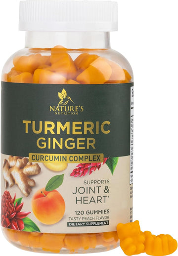 Turmeric Curcumin with Black Pepper Extract & Ginger Gummies, High Absorption Potent 95% Curcuminoids Turmeric Supplement, Nature's Tumeric Curcuma Gummy Pills, Joint Support Capsules - 120 Gummies