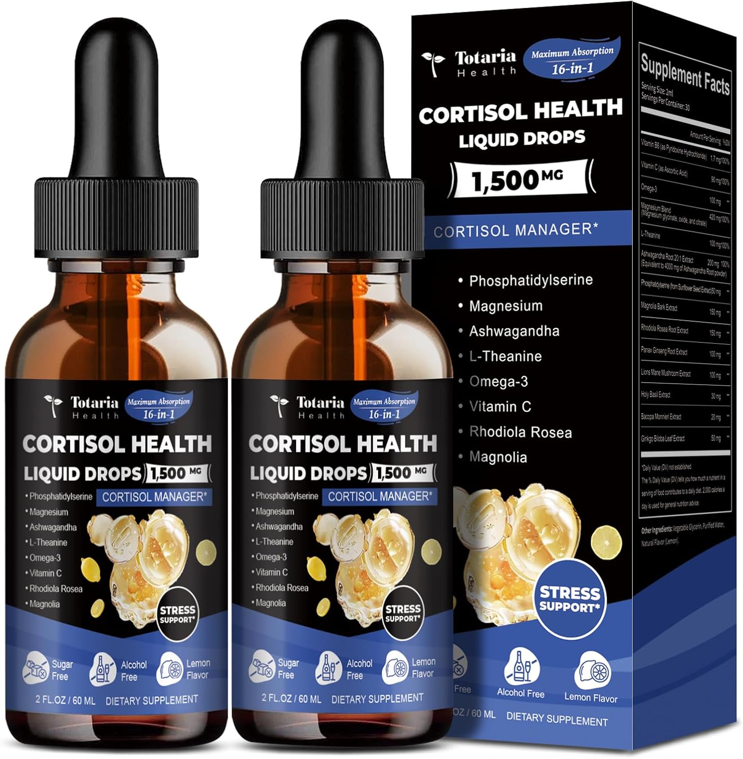 Cortisol Supplement Liquid Drops Hormone Balance For Women Men With Magnesium Complex,Ashwagandha,Rhodiola Rosea,L Theanine,Phosphatidylserine Supplements Mood, Focus, Sleep Support 2 Fl.Oz