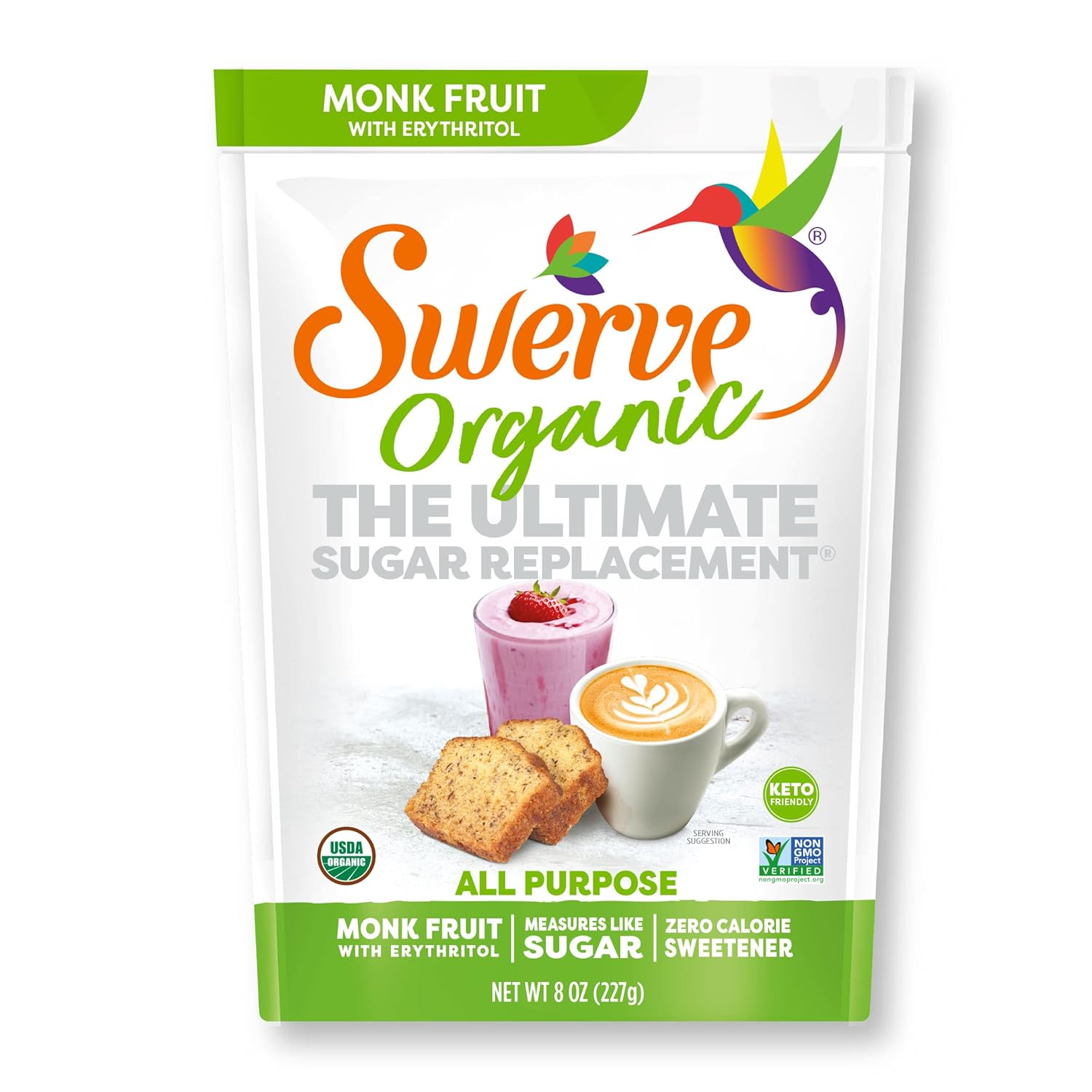 Swerve Organic Monk Fruit All-Purpose Granular Sugar Replacement Sweetener, 8 Ounce Bag