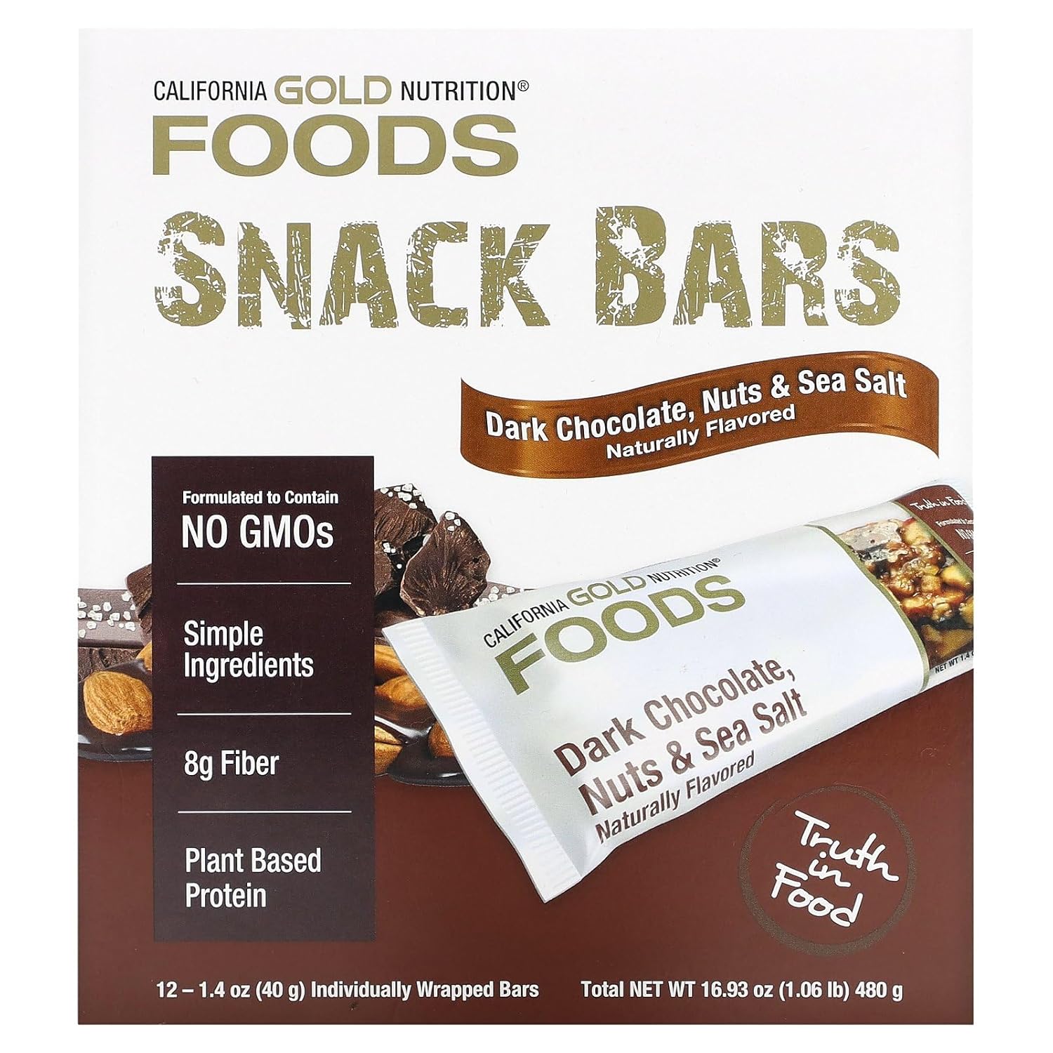 California Gold Nutrition Foods, Dark Chocolate, Nuts, & Sea Salt Snack Bars, 12 Bars, 1.4 Oz (40 G) Each