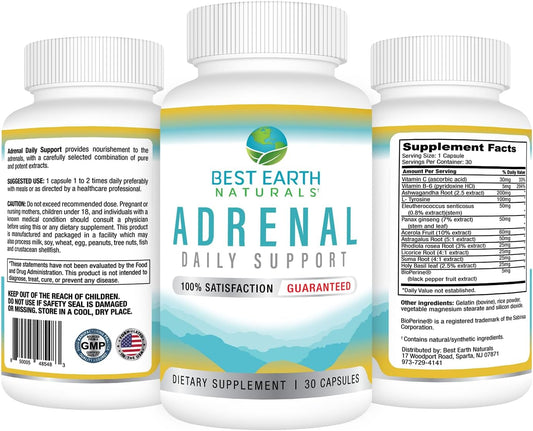 Best Earth Naturals - Adrenal Support For Adults - Holy Basil, B C Vitamins, L-Tyrosine, Rhodiola Rosea Root, Ashwagandha Supplements For Cortisol Manager Support - 30 Day Supply