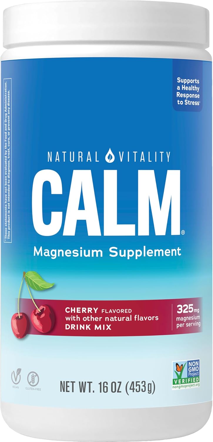 Natural Vitality Calm, Magnesium Citrate Supplement, Anti-Stress Drink Mix Powder, Gluten Free, Vegan, & Non-Gmo, Cherry, 16 Oz