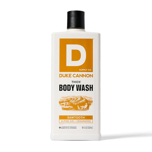Duke Cannon Supply Co. Thick High Viscosity Body Wash - 3X Thicker, Plant-Based Body Wash For Men With Lasting Scent - Mens Body Scrub - Sawtooth, Midnight Swim & Bourbon (18Oz)