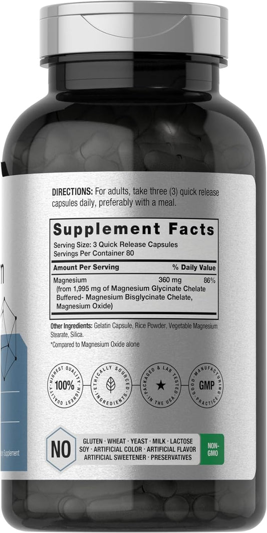 Horbäach Chelated Magnesium | 360mg | 240 Capsules | Non-GMO & Gluten Free Supplement