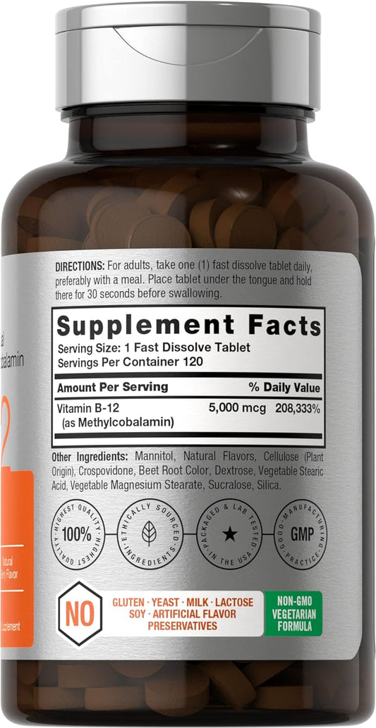 Horbach B12 Sublingual Methylcobalamin | 5000mcg | 120 Fast Dissolve Tablets | Vegetarian, Non-GMO and Gluten Free Supplement