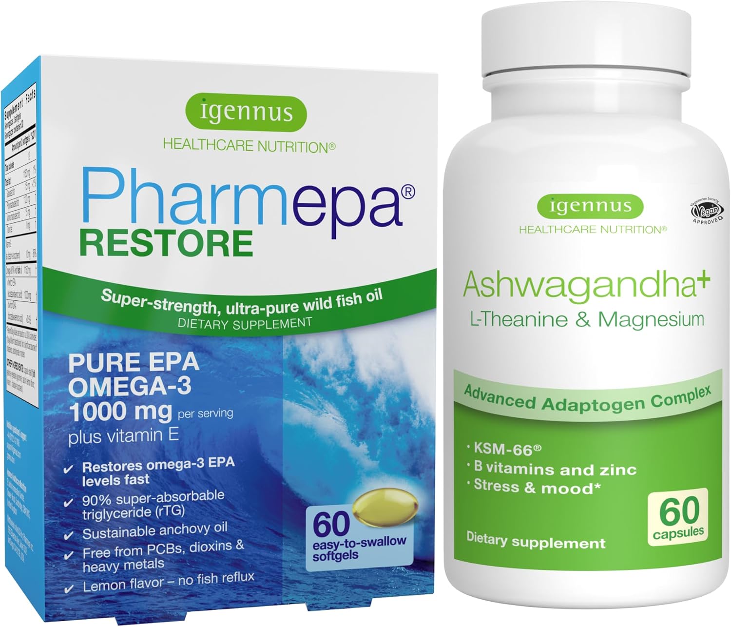 Pharmepa Restore + Ashwagandha+ L-Theanine & Magnesium Bundle, 1000Mg Pure Epa Omega-3 Fish Oil + 600Mg Ksm-66 Ashwagandha With Zinc & B Vitamins, By Igennus