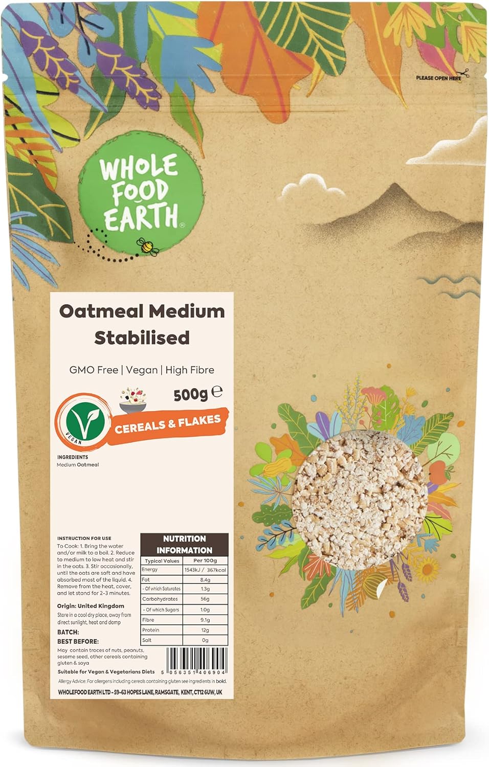 Wholefood Earth Oatmeal Medium Stabilised 500 G | Gmo Free | High Fibre