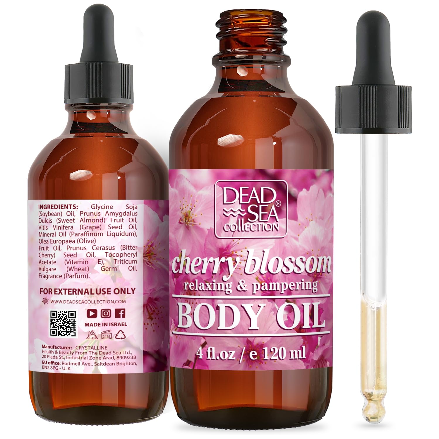Dead Sea Collection Body Oil For Dry Skin - Cherry Blossom & Vitamin E, A, D Moisturizing Oil - Anti-Aging And Skin Elasticity Support - (4 Fl.Oz)