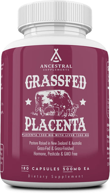 Ancestral Supplements Grass Fed Placenta Supplement With Liver, Contains Postpartum Vitamins For Women Breastfeeding, Promotes Menopause Relief, Stem Cells Support Skin Elasticity, 180 Capsules
