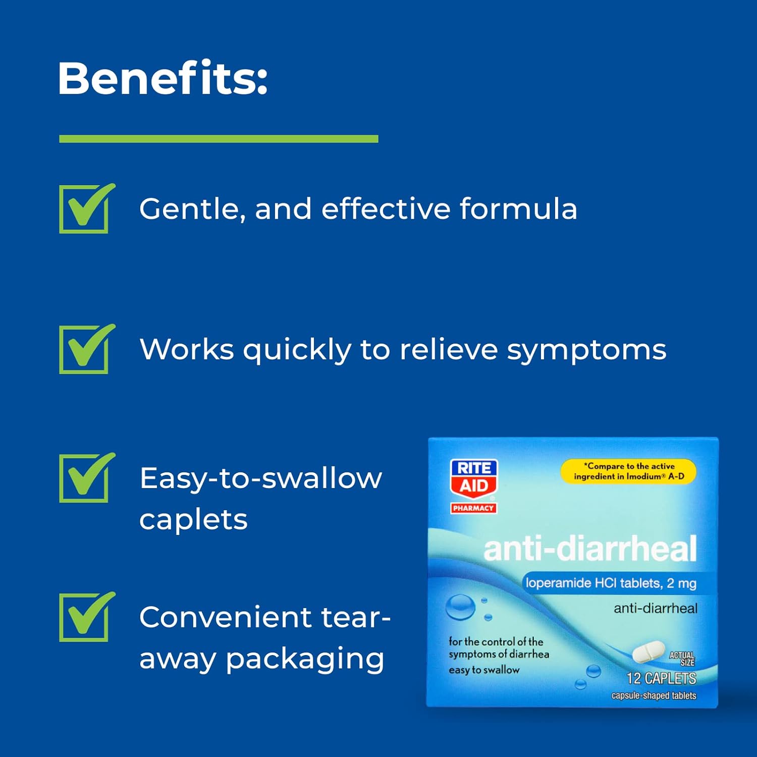 Rite Aid Anti-Diarrheal Caplets - 12 Count - 2 mg Loperamide Hydrochloride | Easy-to-Swallow Anti-Diarrhea Pills | Diarrhea Medicine Adults | Upset Stomach Relief | Control Symptoms of Diarrhea : Health & Household