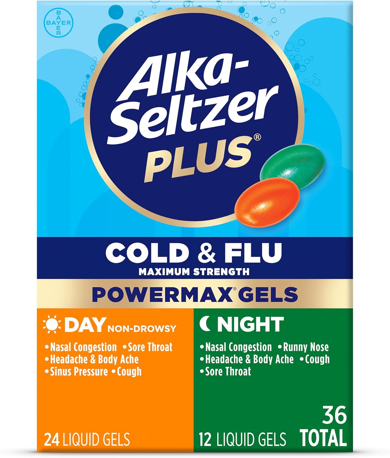 Alka-Seltzer Plus Power Max Cold & Flu Day+Night Medicine: Cough Suppressant, Cold and Flu Medicine For Adults and Children 12 Years and Older, 36 Count, Packaging May Vary : Health & Household