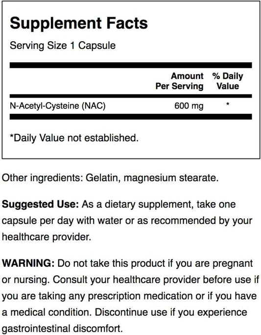 Swanson Premium Brand NAC N-Acetyl Cysteine - 600 mg, 100 Capsules - Antioxidant and Cellular Health Support Supplement