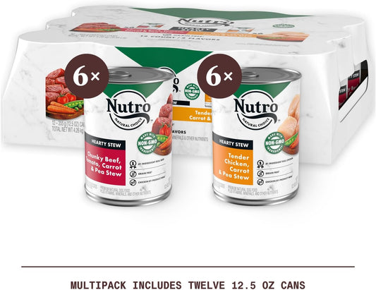 Nutro Hearty Stew Adult Natural Grain Free Wet Dog Food Cuts In Gravy, Tender Chicken, Carrot & Pea Stew And Chunky Beef, Tomato, Carrot & Pea Stew Variety Pack, (12) 12.5 Oz. Cans