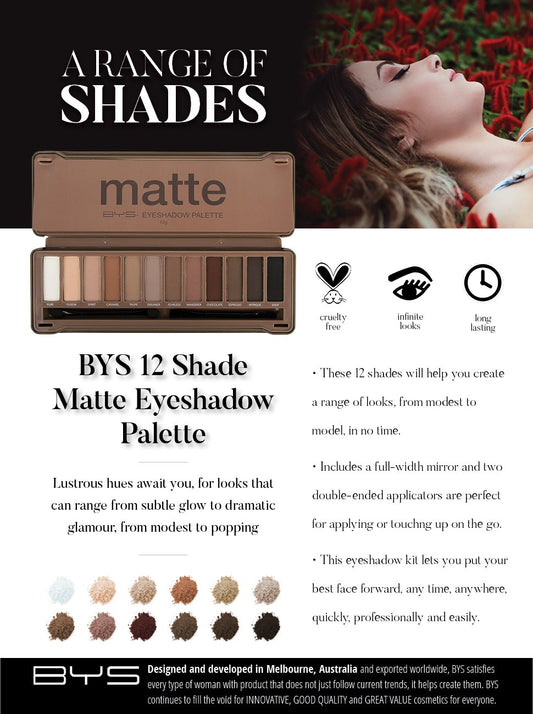 Bys 12 Shade Matte Eyeshadow Palette Tin Collection With Mirror, Double Ended Applicator And Blender, Nude And Smoke