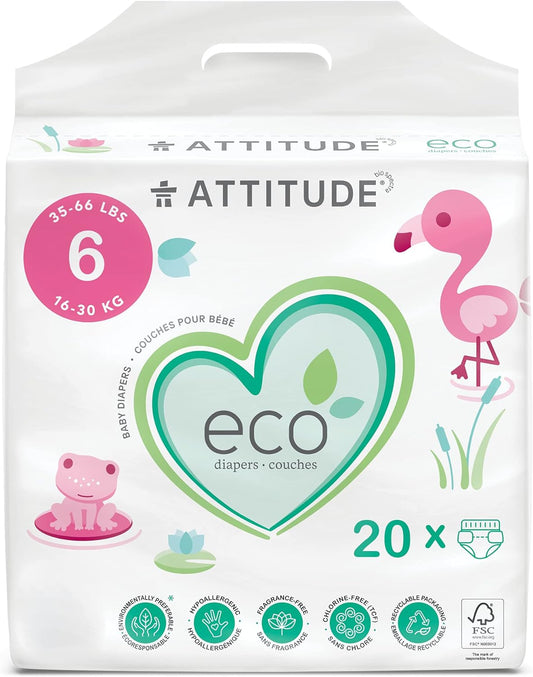 ATTITUDE Non-Toxic Diapers, Eco-Friendly, Hypoallergenic, Safe for Sensitive Skin, Chlorine-Free, Leak-Free & Biodegradable Baby Diapers, Fragrance-Free, Size 6 (35-66 lbs), 80 Count (4 Packs of 20)