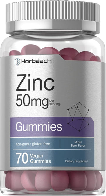 Horbäach Zinc 50Mg Gummies | 70 Count | Mixed Berry Flavor | Vegan, Non-Gmo And Gluten Free Formula | Zinc Citrate Dietary Supplement