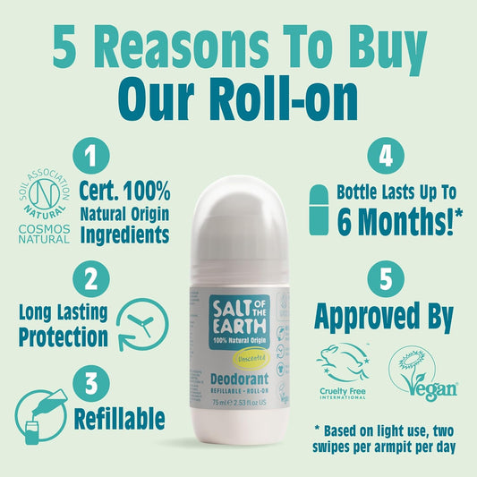 Salt Of The Earth - Natural Refillable Roll On Deodorant - Lavender & Vanilla - Vegan Formula With Effective Long-Lasting Protection, Made In The Uk - Suitable For Women, Men & Kids - 75Ml