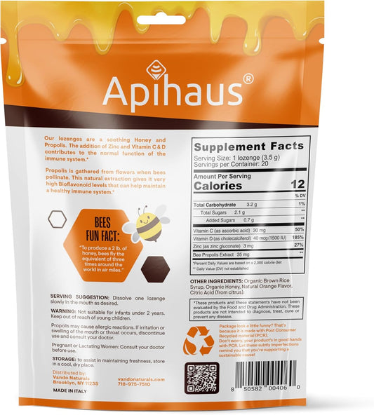 Honey And Propolis Lozenges Orange Flavor, Freshens Breath - Soothes A Throat- Immune Support With Vitamin C, Vitamin D And Zinc, 20 Count