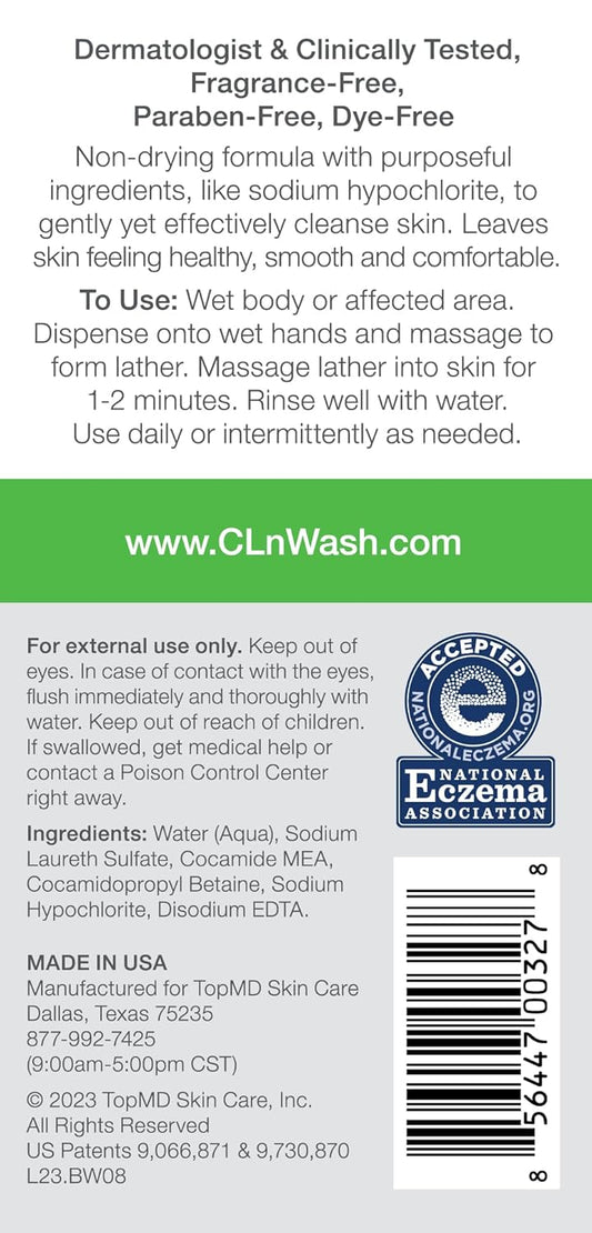 Cln® Bodywash –Non-Drying Body Wash Preserved With Sodium Hypochlorite, For Compromised Skin Prone To Eczema, Dermatitis, Rash & Hidradenitis Suppurativa, Fragrance-Free & Paraben-Free, 3 Fl Oz